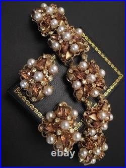 Vintage Design jewelry set amber rhinestone pearl gold Plated Bracelet Earrings