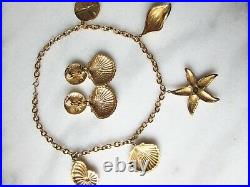 Vintage Designer Kenneth Jay Lane 22K Gold Plated Seashell Necklace Earrings Set