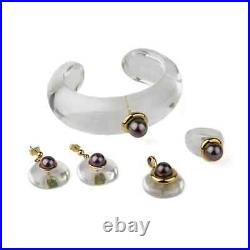 Vintage Designer Lucite Bracelet Earrings Ring Set with 18K Gold & Tahitian Pearls