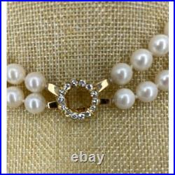 Vintage Double Strand 8.5mm Pearl Necklace 18k Gold Channel Set 14 Diamond Clasp