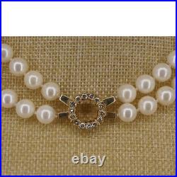 Vintage Double Strand 8.5mm Pearl Necklace 18k Gold Channel Set 14 Diamond Clasp