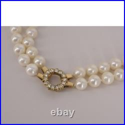 Vintage Double Strand 8.5mm Pearl Necklace 18k Gold Channel Set 14 Diamond Clasp