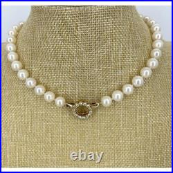 Vintage Double Strand 8.5mm Pearl Necklace 18k Gold Channel Set 14 Diamond Clasp