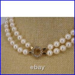Vintage Double Strand 8.5mm Pearl Necklace 18k Gold Channel Set 14 Diamond Clasp