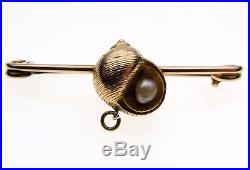 Vintage Edwardian 9 ct Gold Shell Brooch Set with a Pearl