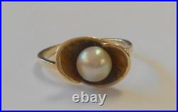 Vintage Esemco 6 mm Cultured Pearl 10K Yellow Gold Modernist Setting Ring Size 7