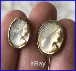 Vintage Estate 10K Yellow Gold Carved MOP Pearl Shell Cameo Ring & Earrings Set
