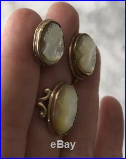 Vintage Estate 10K Yellow Gold Carved MOP Pearl Shell Cameo Ring & Earrings Set