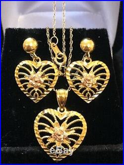 Vintage Estate 10k Gold Heart Necklace & Earring Set Drop Dangle Chain 18