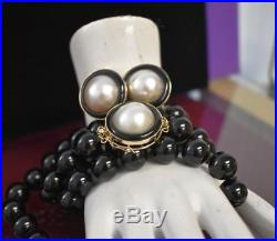 Vintage Estate 14K Onyx Beads Mabe Pearl 36 inch Necklace Matching Earrings Set