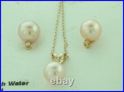 Vintage Estate 14k Gold 6mm Pearl & Diamond Stud Earrings Pendant Necklace Set