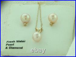 Vintage Estate 14k Gold 6mm Pearl & Diamond Stud Earrings Pendant Necklace Set