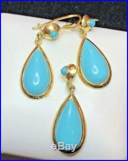 Vintage Estate 18k Gold Turquoise Pendant Earring Set Gemstone Drop Dangle Wire