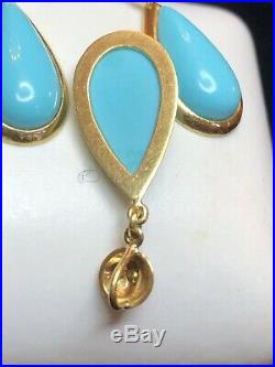 Vintage Estate 18k Gold Turquoise Pendant Earring Set Gemstone Drop Dangle Wire
