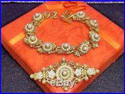 Vintage Estate Gold Designer Signed Florenza Brooch Faux Pearl Bracelet Set