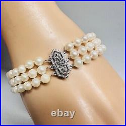 Vintage Exquisite 14k White Gold Cultured Pearl Necklace & Bracelet Set With Box