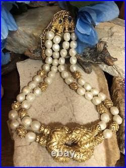 Vintage FM Gold tone Faux pearl 2 row Knot Beaded Necklace 3 row Bracelet Set