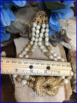 Vintage FM Gold tone Faux pearl 2 row Knot Beaded Necklace 3 row Bracelet Set