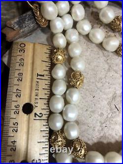 Vintage FM Gold tone Faux pearl 2 row Knot Beaded Necklace 3 row Bracelet Set