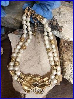 Vintage FM Gold tone Faux pearl 2 row Knot Beaded Necklace 3 row Bracelet Set