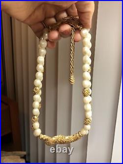 Vintage FM Gold tone Faux pearl 2 row Knot Beaded Necklace 3 row Bracelet Set