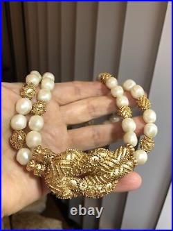 Vintage FM Gold tone Faux pearl 2 row Knot Beaded Necklace 3 row Bracelet Set