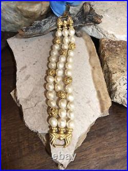 Vintage FM Gold tone Faux pearl 2 row Knot Beaded Necklace 3 row Bracelet Set