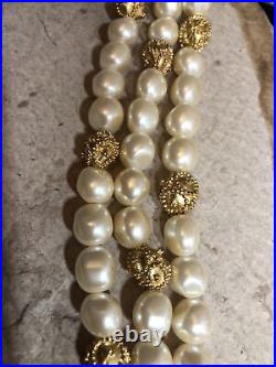 Vintage FM Gold tone Faux pearl 2 row Knot Beaded Necklace 3 row Bracelet Set