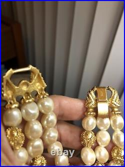 Vintage FM Gold tone Faux pearl 2 row Knot Beaded Necklace 3 row Bracelet Set