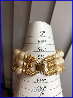 Vintage FM Gold tone Faux pearl 2 row Knot Beaded Necklace 3 row Bracelet Set