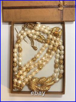 Vintage FM Gold tone Faux pearl 2 row Knot Beaded Necklace 3 row Bracelet Set