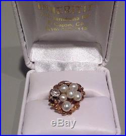 Vintage Fine White Pearl Grape Cluster Ring -14k Gold & Diamond Setting