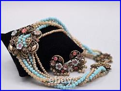 Vintage Florenza Faux Pearl Pink & Blue Pastels Floral Choker & Clip Earring Set
