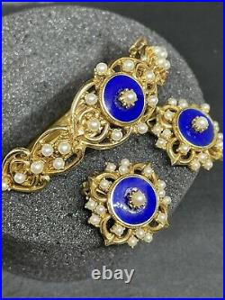 Vintage Florenza Set Bracelet Earrings Clips Blue Guilloche Enamel Pearl Gold