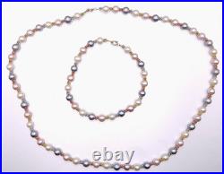 Vintage Freshwater Multicolor Pearl 14K Gold Beaded Necklace & Bracelet Set