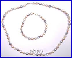 Vintage Freshwater Multicolor Pearl 14K Gold Beaded Necklace & Bracelet Set