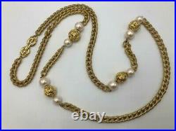 Vintage GIVENCHY 44 Long Faux White Pearl NECKLACE/ EARRINGS Set Gold Tone