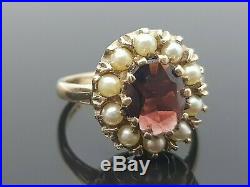 Vintage Garnet & Pearl Cluster Ring Set In 9ct 9k Yellow Gold Size O Us 7 1/2