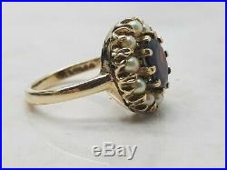 Vintage Garnet & Pearl Cluster Ring Set In 9ct 9k Yellow Gold Size O Us 7 1/2