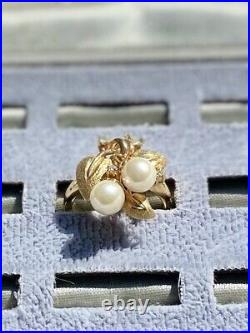 Vintage Genuine Pearl 14K Gold Ring & Earring Set with 7 Diamonds Sz 8 11g