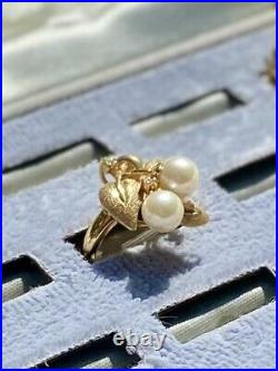 Vintage Genuine Pearl 14K Gold Ring & Earring Set with 7 Diamonds Sz 8 11g