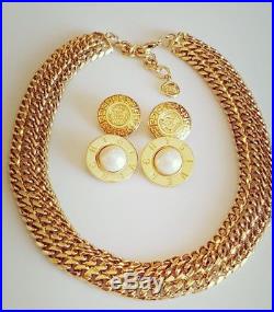 Vintage Givenchy 2 Pairs Gold Pearl Clip On Earrings & Mesh Necklace