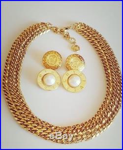 Vintage Givenchy 2 Pairs Gold Pearl Clip On Earrings & Mesh Necklace
