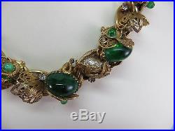 Vintage Gold Gilt Filigree Green Rhinestone & Baroque Pearl Dragon Demi Parure