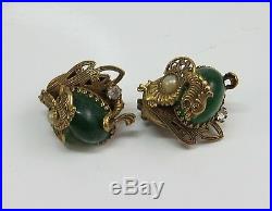 Vintage Gold Gilt Filigree Green Rhinestone & Baroque Pearl Dragon Demi Parure
