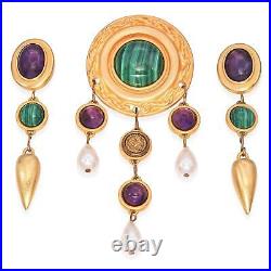 Vintage Gold-Plated Amethyst, Malachite, Pearl Brooch & Earring Set