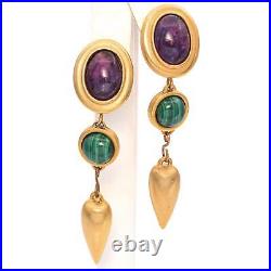 Vintage Gold-Plated Amethyst, Malachite, Pearl Brooch & Earring Set