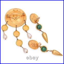 Vintage Gold-Plated Amethyst, Malachite, Pearl Brooch & Earring Set