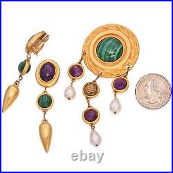 Vintage Gold-Plated Amethyst, Malachite, Pearl Brooch & Earring Set