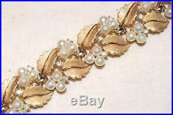 Vintage Gold Tone Crown TRIFARI Set Pearls Leaves Bracelet Earrings And Ring